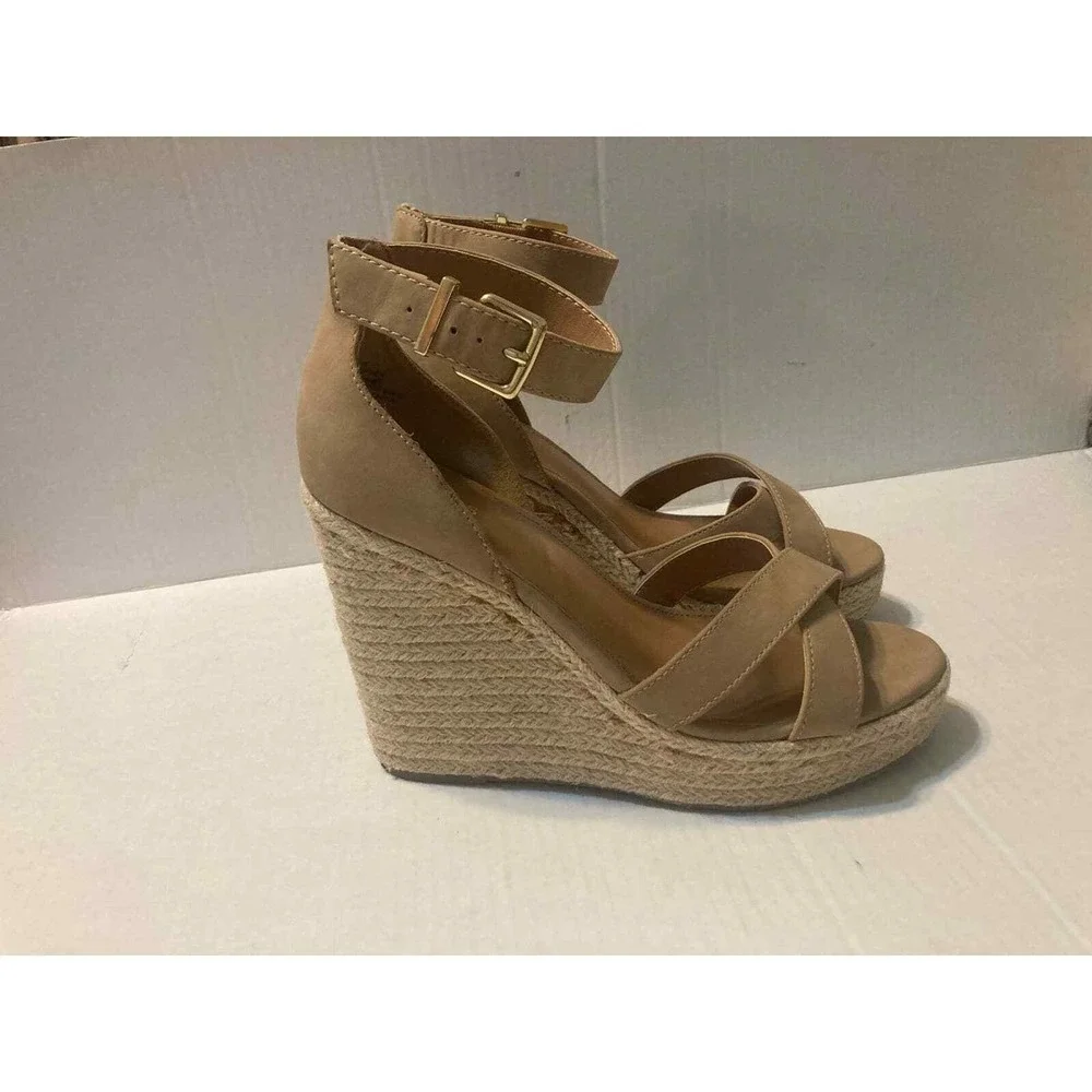 Womens Espadrille Wedge Sandals Ankle Strap Criss Cross Beige Size‎ 10